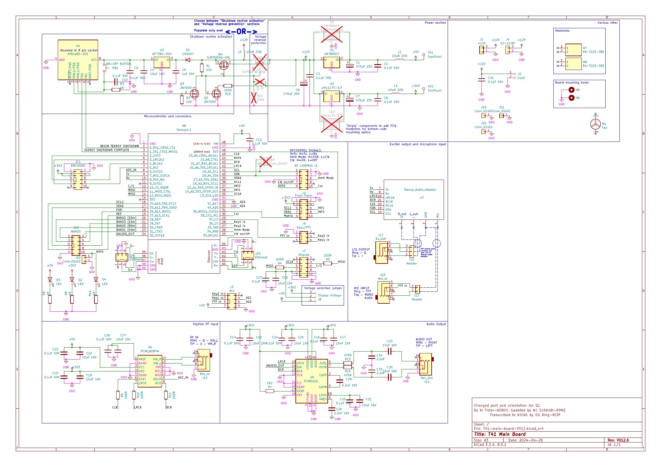 T41 Main Board schematic V012.6, showing the power section options, the Teensy 4.1 and its pin connections, and the audio sections